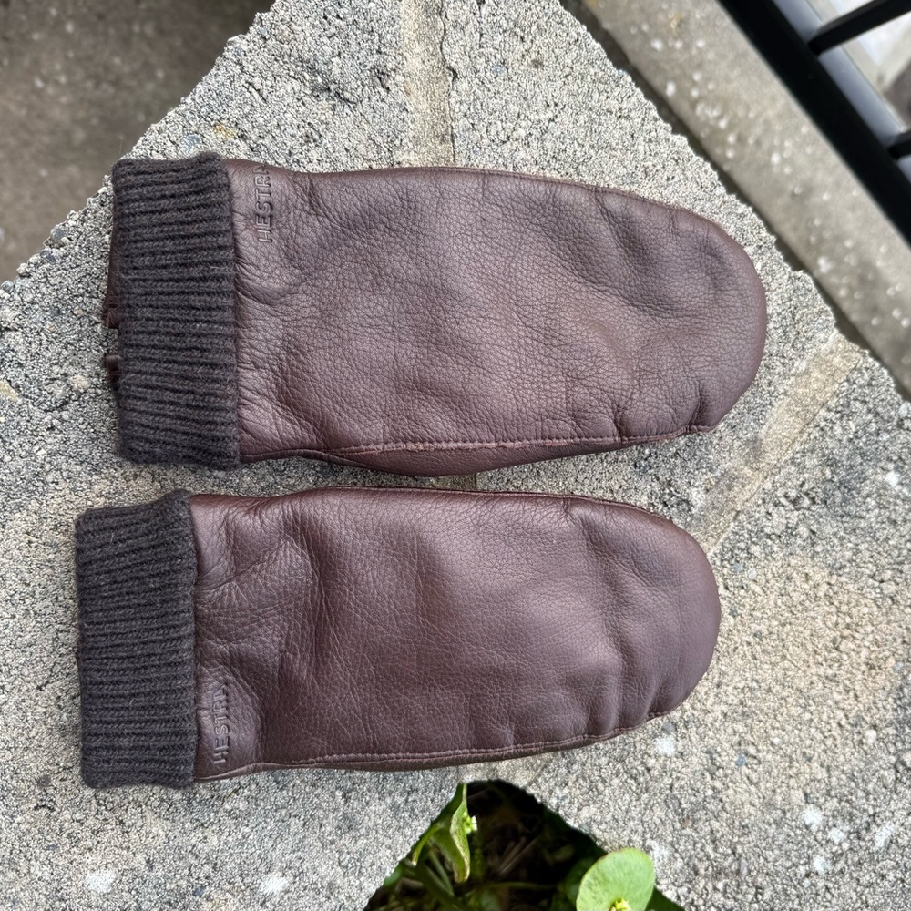 Hestra Brown Leather Knit Cuff Mittens - 7